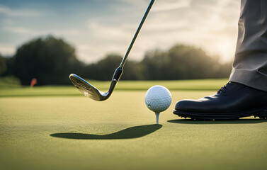 Lifestyle, golf, activity, outdoor, sport, golfer concept. Golf balls that are going to be hole by golfers at the green grass golf course at sunset. Man Swinging Golf Club on Blue Day Poster