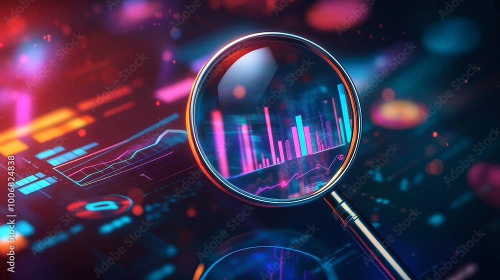 Poster A magnifying glass focuses on dynamic digital graphs, symbolizing data analysis and discovery in a tech-driven context.