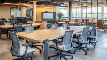Fototapeta premium Collaborative office space with large tables and comfortable chairs, divided into group sections with a dedicated walkway leading to a projector setup.