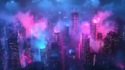Obraz premium a neon-glow effect, surrounded by soft, colourful smoke on a dark cityscape background, futuristic vibes, high contrast, and sharp details