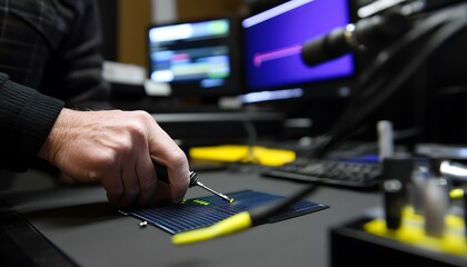 Engineer Adjusting Probe on Solar Cell in Laboratory Testing