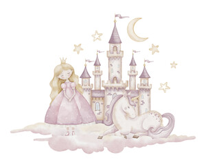 Watercolor Castle with Princess and Unicorn in pastel pink colors. Illustration of fantasy character and fortress on a cloud for Baby shower greeting cards or girls birthday invitations. © Alisles