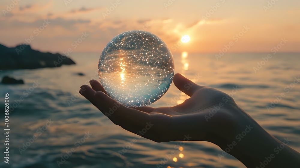 Aufkleber ethereal hands cradling a transparent globe with sparkling data points, floating above a tranquil oc