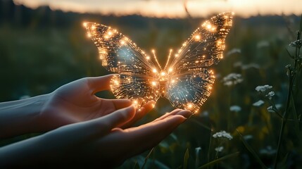 Human hands gently holding a digital butterfly, its wings made of glowing circuits, flying over a serene meadow, blending technology with nature