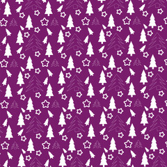 Vector Christmas background with repeating pattern. Christmas trees, texture, background. Christmas seamless background. White Christmas trees on a purple background.