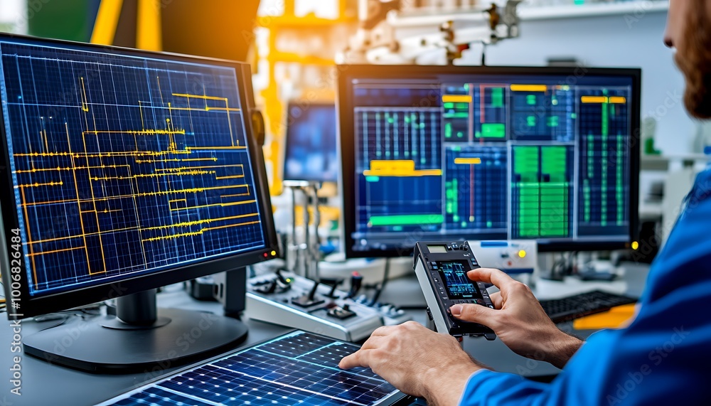 Poster Engineer Adjusting Probe on Solar Cell in Laboratory Testing