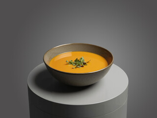 Image of A bowl of pumpkin soup with parsley on a pedestal. Food photography printed on Printed Glass Splashbacks
