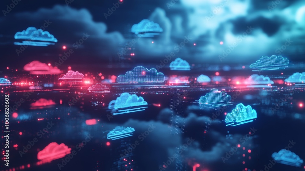 Poster this image depicts digital clouds floating above a city with glowing data connections, symbolizing c