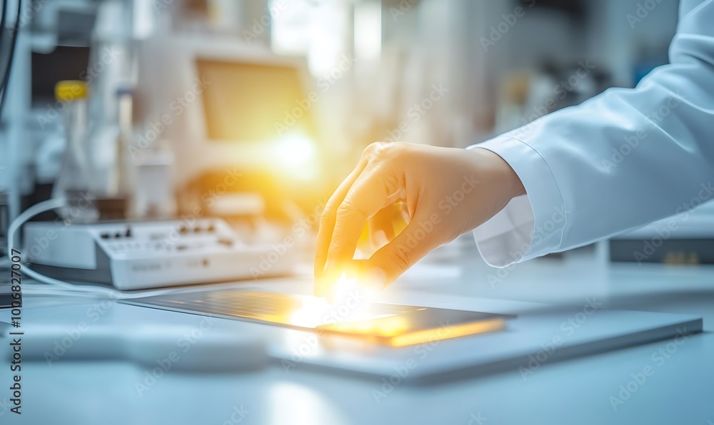 Poster Engineer Placing Sensor on Solar Cell for Performance Testing