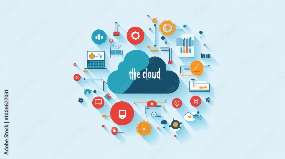 Poster a vibrant cloud computing graphic with various digital technology icons symbolizing online services 