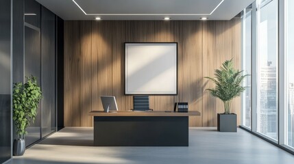 Contemporary office with a framed poster on a wooden accent wall, spacious windows allowing natural light, and clean desk setups. Modern workspace design.