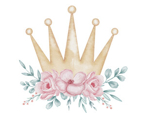 Crown with pink flowers and plants watercolor illustration. Drawing of golden princess accessories and floral elements for Baby shower greeting cards or girls party invitations. Fairytale art. © Alisles