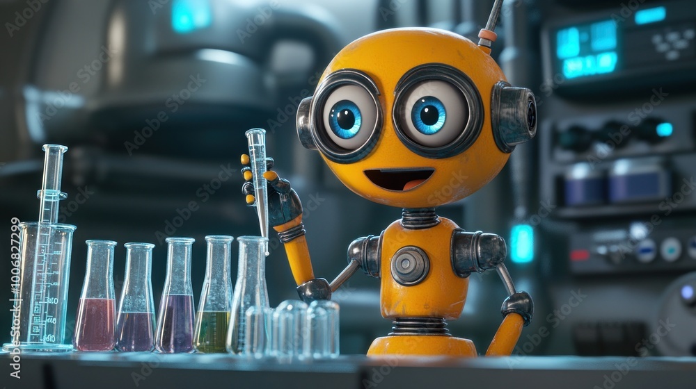 Poster cheerful robot scientist in a lab