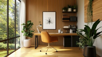 Contemporary office with a framed poster on a wooden accent wall, spacious windows allowing natural light, and clean desk setups. Modern workspace design.