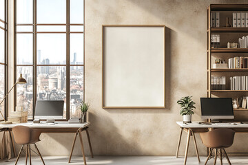 Stylish office with wooden desks and poster on the wall