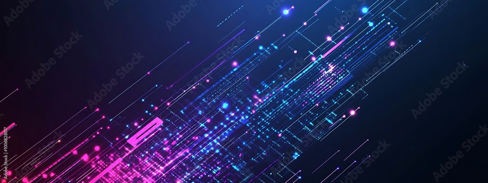 Poster abstract digital background with pink and blue lines and glowing dots.