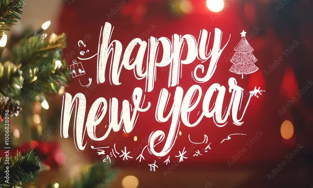 Poster a red background with a white font that says happy new year. the font is decorated with snowflakes a