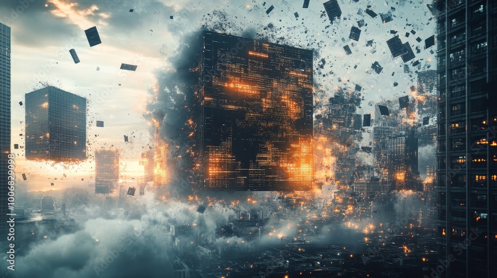 Poster a digital cityscape undergoing a dramatic explosion of data blocks, creating a futuristic yet chaoti
