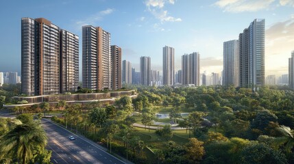 Obraz premium Expansive view of tall city buildings with a park and road in front, balancing the concrete jungle with green open spaces.