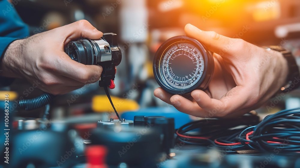 Poster Engineer Measuring Voltage of Solar Cell Using Device in Lab