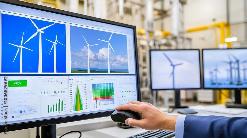 Poster Engineer Adjusting Wind Turbine Simulation on Computer Screen