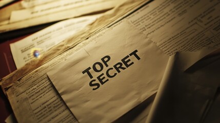 An image portraying a top secret folder, evoking mystery and intrigue within a vintage-style depiction of secrecy.