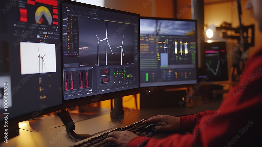 Aufkleber Engineer Adjusting Wind Turbine Simulation on Computer Screen