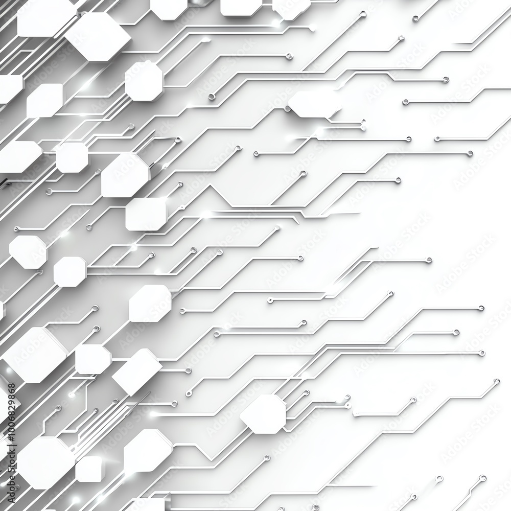 Poster abstract digital circuit board background featuring white and grey geometric shapes and lines, repre