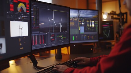 Engineer Adjusting Wind Turbine Simulation on Computer Screen