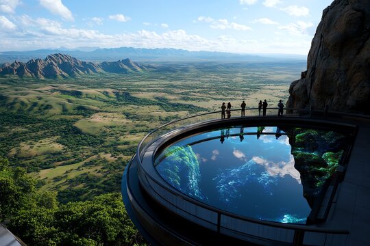 A futuristic observation deck overlooking a vast natural landscape, where visitors can experience the beauty of nature enhanced by advanced holographic displays.