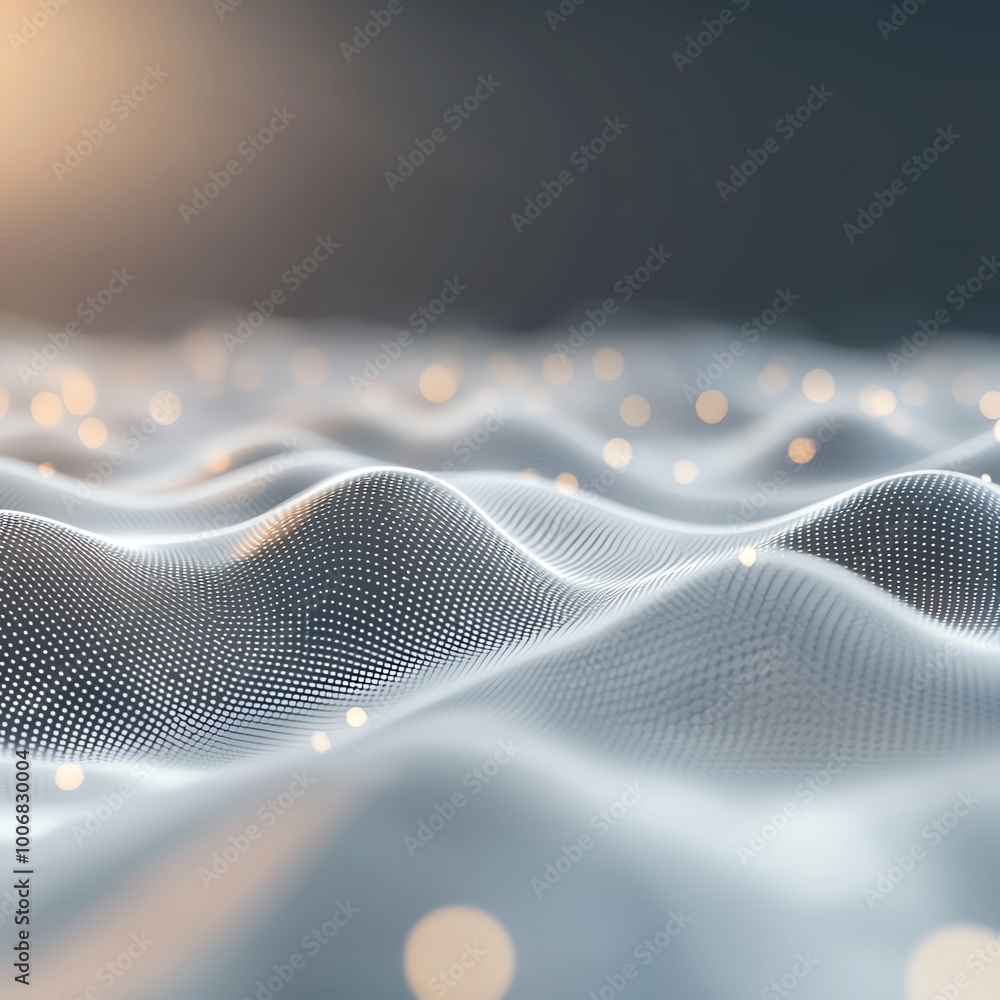 Poster abstract digital landscape with light particles on wavy grid surface, futuristic technology or data 