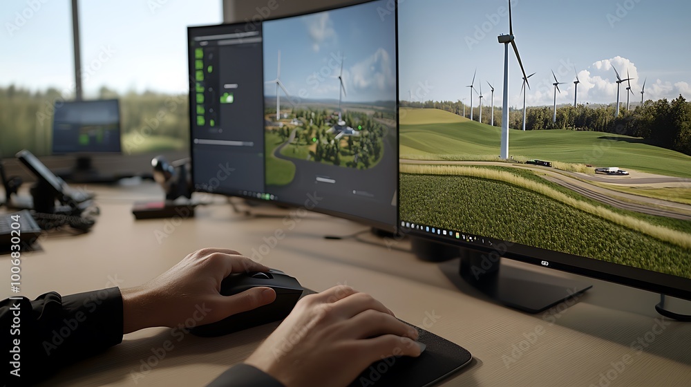 Poster Engineer Adjusting Wind Turbine Simulation on Computer Screen