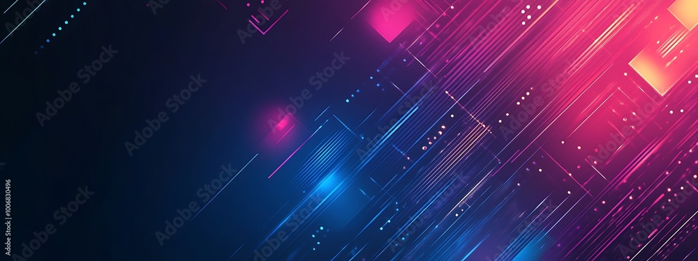 Poster Abstract digital background with glowing lines and shapes in pink and blue.