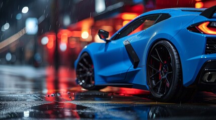 An blue C8 Corvette with black, concave, wide, linear, strong, dynamic design custom forged wheels