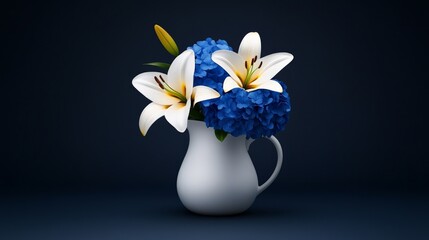 Serene Still Life: White Pitcher with Lilies and Hydrangeas 