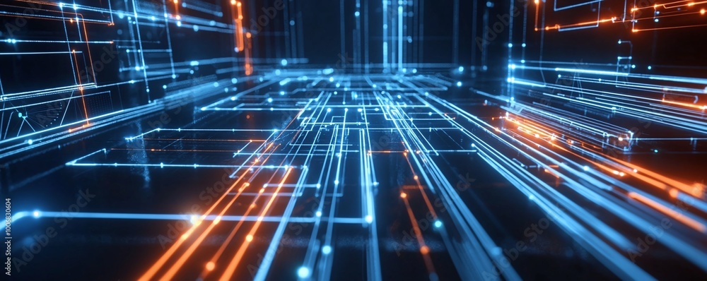 Poster abstract futuristic digital data flow with glowing lines and blue and orange lights, representing te