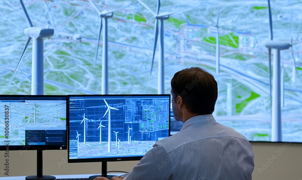 Poster Engineer Typing While Analyzing Wind Turbine Simulations