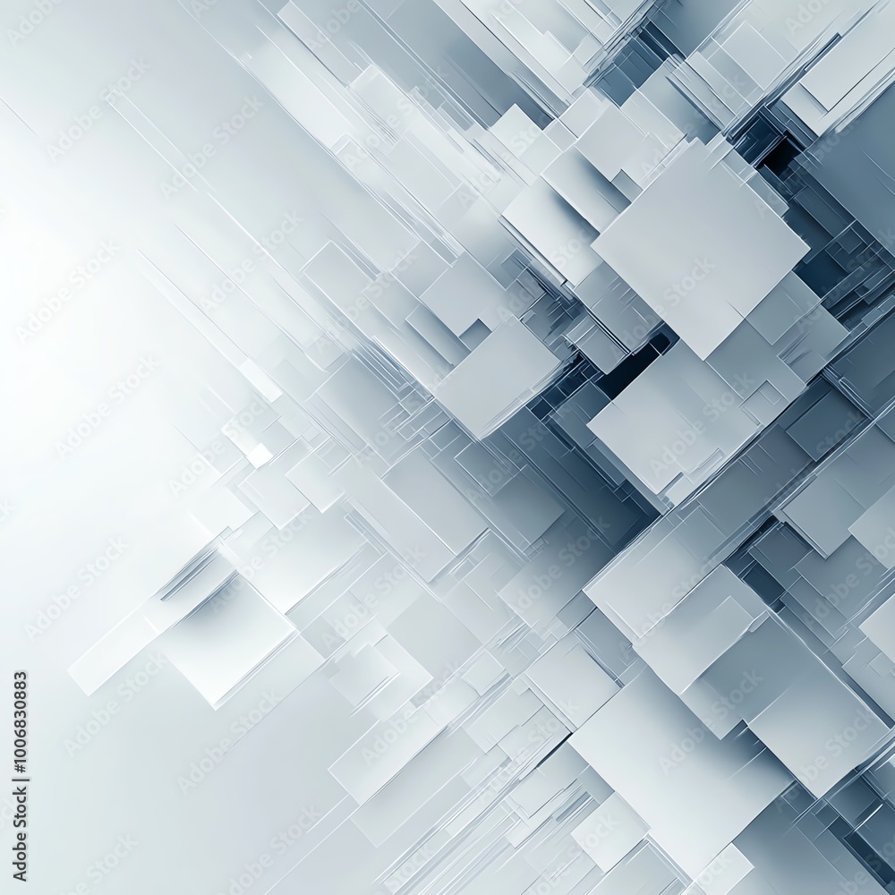 Poster abstract geometric background with overlapping white and grey squares creating a futuristic 3d effec