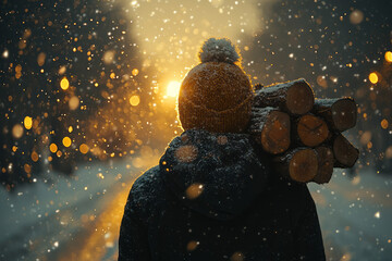 A serene scene of a person carrying firewood on their shoulder, with snowflakes gently falling in the background,