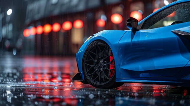 An blue C8 Corvette with black, concave, wide, linear, strong, dynamic design custom forged wheels