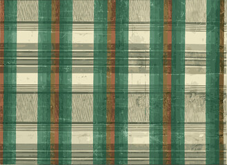  faded plaid fabric with green, brown, and red stripes.