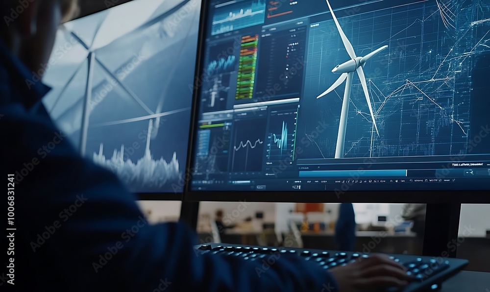 Poster Engineer Typing While Analyzing Wind Turbine Simulations
