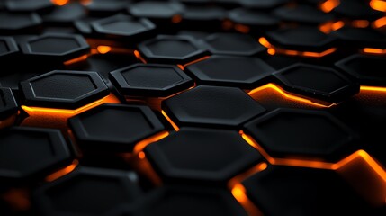 Fototapeta premium Abstract hexagonal black and orange futuristic background design, displaying modern and dynamic patterns with glowing elements.