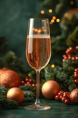 A glass of champagne and party decorations for New Yearâ€™s celebration, isolated on a pastel canvas,