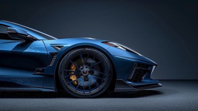 An blue C8 Corvette with black, concave, wide, linear, strong, dynamic design custom forged wheels