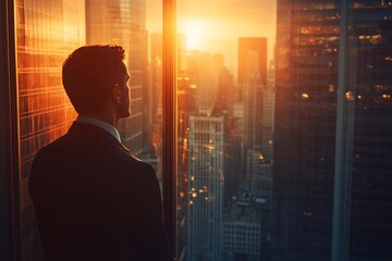 Fototapeta premium Businessman Looking Out Window at Sunset Skyline