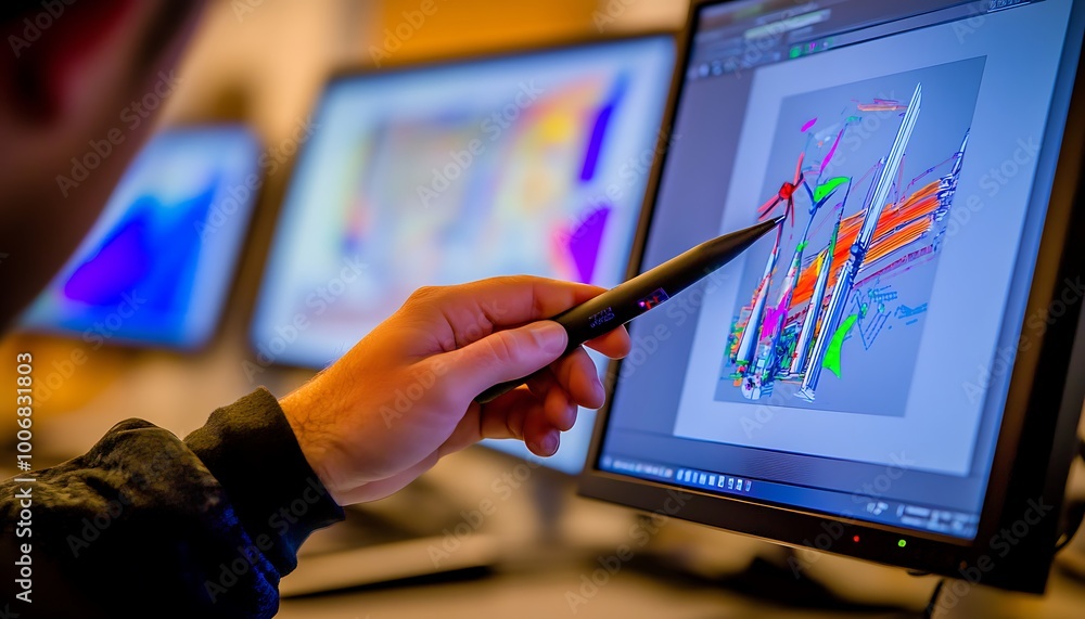 Poster engineer using stylus on screen with wind turbine simulations
