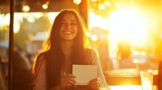 Sitting at a café table, a young woman beams with joy while holding an envelope. Sunlight fills the space, enhancing her cheerful expression and creating a warm atmosphere - Powered by Adobe