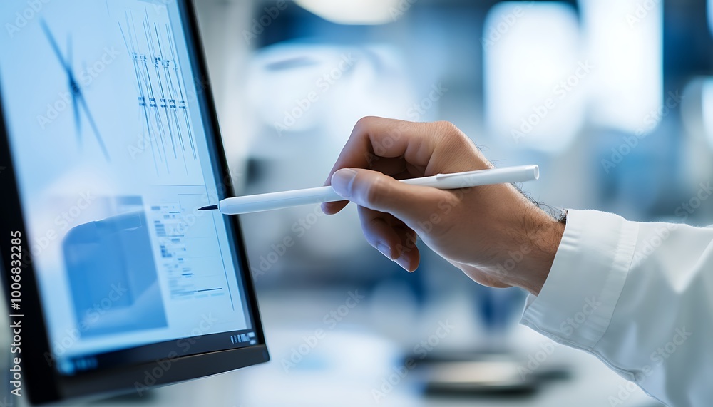 Poster Engineer Using Stylus on Screen with Wind Turbine Simulations