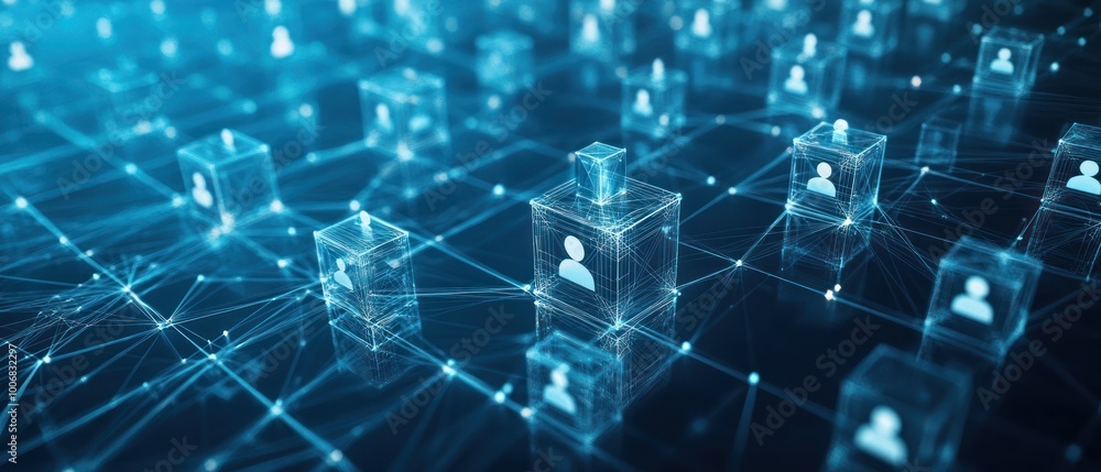 Poster social network of digital nodes representing secure, decentralized transactions and communication sy
